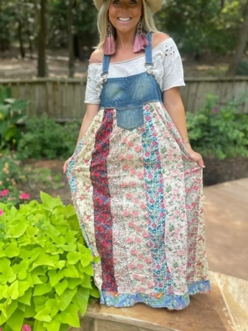 A Rare Bird Denim Overall Patchwork Maxi Dress XXL Tie Back Boho Cottagecore - Picture 1 of 8